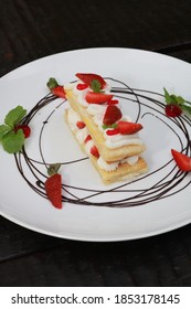 Strawberry Mille Feuille Cake In White Plate.