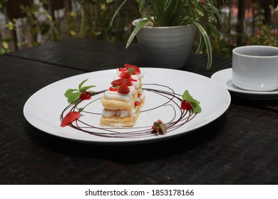 Strawberry Mille Feuille Cake In White Plate.