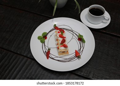 Strawberry Mille Feuille Cake In White Plate.