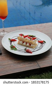 Strawberry Mille Feuille Cake In White Plate.