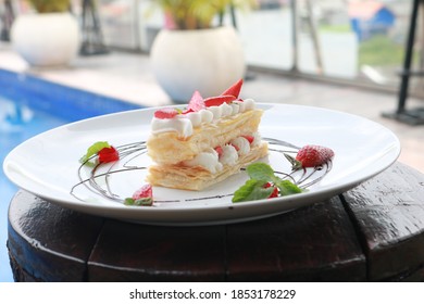 Strawberry Mille Feuille Cake In White Plate.