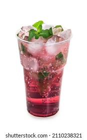 Strawberry Mojito In A Clear Plastic Cup. Red Soda. Iced Strawberry Water. Isolated On White. Front View.  Studio Shot