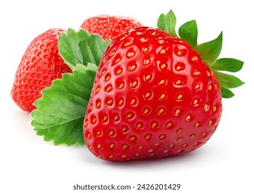 Strawberry on white background. Strawberries isolated. Side view strawberry with leaf. Perfect retouched. Soft focus. Perfect not AI strawberry, true photo. - Powered by Shutterstock