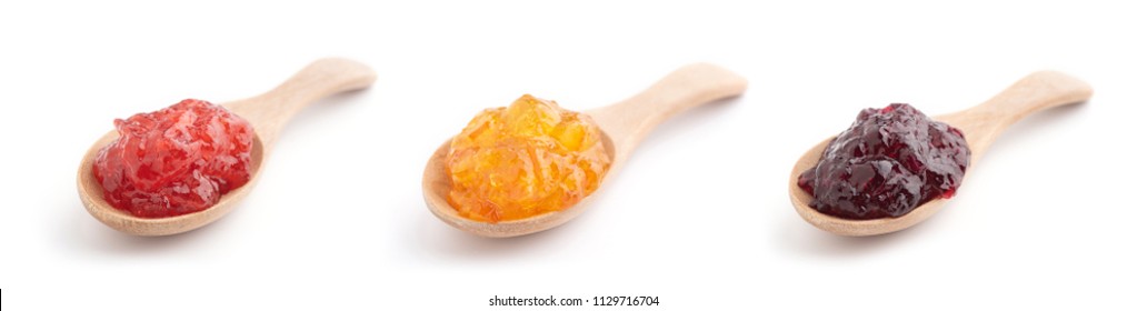 Strawberry, orange and blueberries jam with wooden spoon on a white background - Powered by Shutterstock