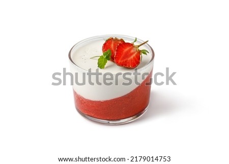Strawberry panna cotta creamy dessert isolated on white background. Panna cotta with strawberry in a glass jars.