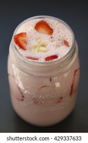 Strawberry And Peanut Butter Smoothie For Breakfast Or Dessert In A Mason Jar - Raw Vegan Healthy Food