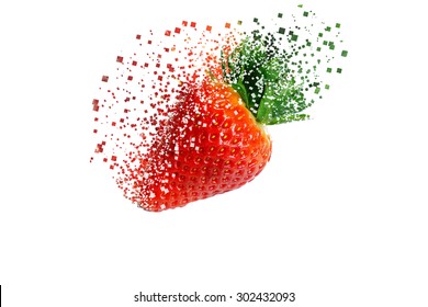 Strawberry In Pixel Explosion Effect On White Background
