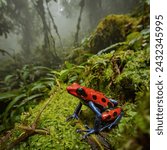 Strawberry Poison Dart Frog amidst the dense vegetation