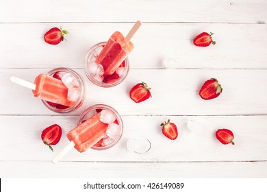 Strawberry Popsicle. Flat Lay, Top View