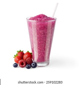 Strawberry Raspberry Blueberry Smoothie in a Glass with Straw and Garnish on a White Background