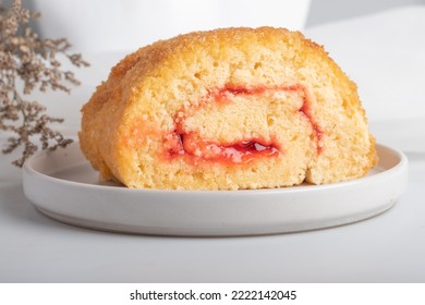 Strawberry Roll Cake On White Background