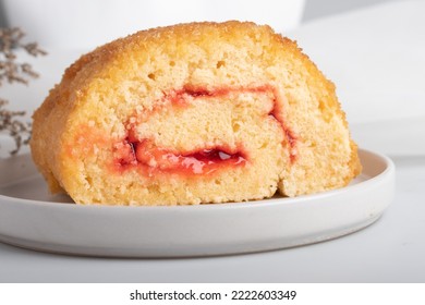 Strawberry Roll Cake On White Background