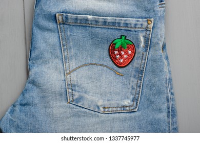 Strawberry Sequin Patch On A Pocket Of Jeans. Beautiful Detail, Custom Design, Sewing And Craft.