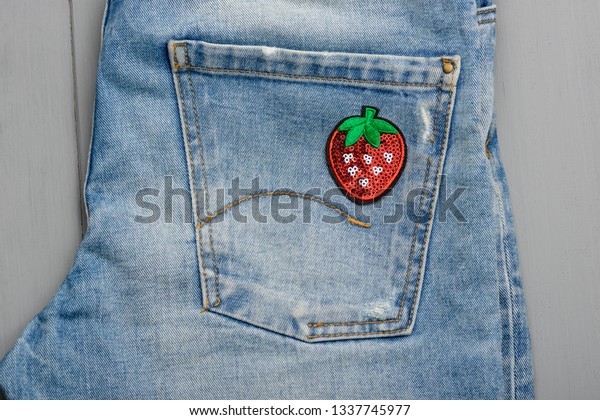Strawberry Sequin Patch On Pocket Jeans 