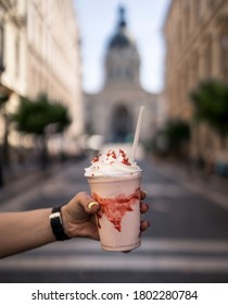 Strawberry Shake Ice Cold Frostino Frappuccino City Urban Background Mood Pink Milky Froth Straw