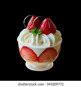 Strawberry Shortcake In A Cup Isolated On Dark Background