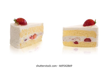 Strawberry Shortcake Piece Isolated On White Background With Clipping Path , Reflection