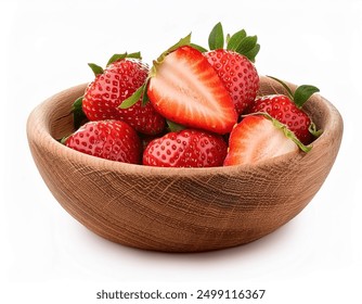 Strawberry slice in wooden bowl isolated on white background - Powered by Shutterstock