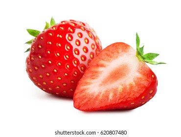 Strawberry with sliced half and leaves isolated on white background - Shutterstock ID 620807480