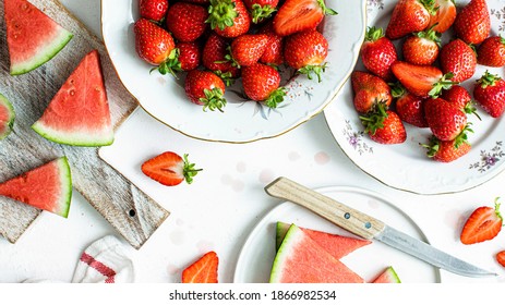 Strawberry And Sliced Watermelon On Flay Lay