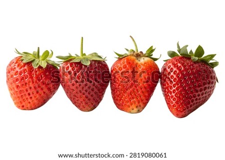 Strawberry slightly overripe with a deep red hue, arranged in a neat row of four, isolated on a white background.