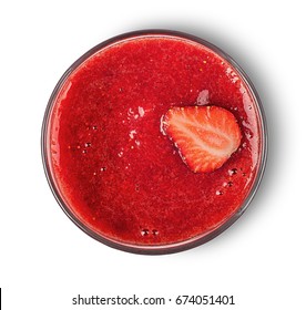 Strawberry Smoothie In Glass Top View Isolated On White Background