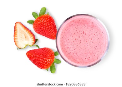 Strawberry Smoothie Juice Or Strawberries Milkshake In Glass With Berry Isolated On White Background. Top View. Flatlay.