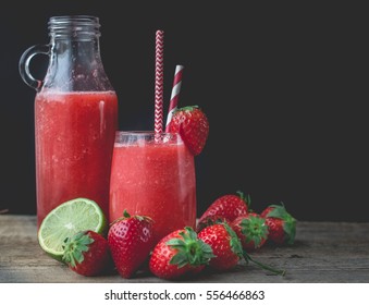 Strawberry Smoothie, Strawberry Slush On Wooden Background, Summer Drink, Fresh Beverage