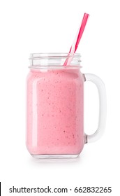 strawberry smoothie with straw in mason jar isolated on white background with clipping path. Pink milkshake. Healthy drink