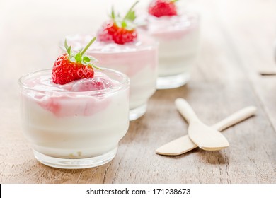 Strawberry Smoothie With Strawberries, Delicious Refreshing Bowl Of Ripe Red Fresh Strawberries And Cream Or Creamy Yoghurt Garnished For A Tasty Dessert