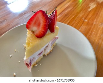 Strawberry Soft Cack On White Plate, Tea Time.