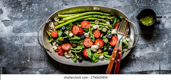 Strawberry, Spinach, Asparagus And Feta Salad With Pesto Dressing, Banner