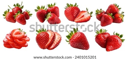 Strawberry Strawberries, many angles and view side top front sliced halved group cut isolated on white background cutout file. Mockup template for artwork graphic design