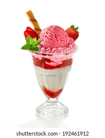 Strawberry Sundae Ice Cream In Sundae Cup Or Glass With Wafer Stick Isolated On White Background