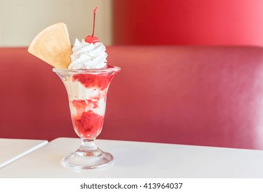 Strawberry Sundae Ice-cream In Cafe