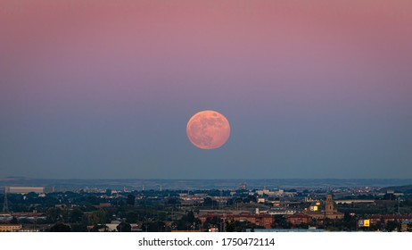 The strawberry Supermoon (Supermoon of strawberry) at sunset gradient from blue to pink on the city skyline in June 2020 in Spain