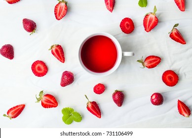 Strawberry Tea And Fruit Flatlay Top View