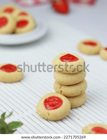 Strawberry Thumbprint cookies on white background. Selective Focus 
