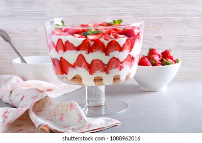 Strawberry Trifle Dessert In A Dish On Table