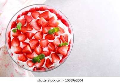 Strawberry Trifle Dessert In A Dish Overhead Shot