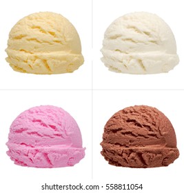 Strawberry, vanilla, chocolate different flavor ice cream scoops side view on white background - Shutterstock ID 558811054