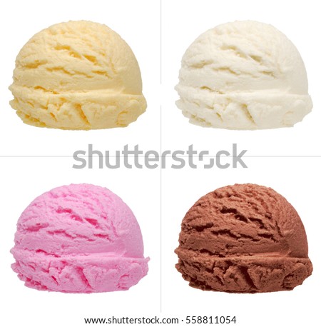 Strawberry, vanilla, chocolate different flavor ice cream scoops side view on white background