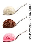 Strawberry, vanilla and chocolate ice cream scoops in spoons isolated on white background