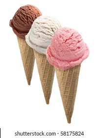 Strawberry, vanilla and chocolate ice creams with cone on white background - Shutterstock ID 58175824