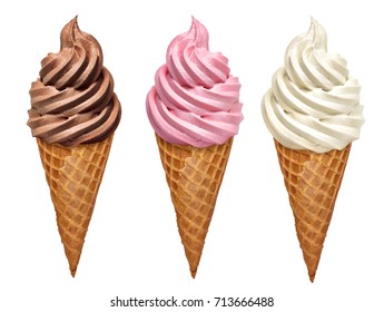 Strawberry, vanilla and chocolate soft ice creams or frozen custard in cone isolated on white background