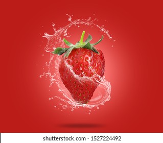 Strawberry Water Splash Over Red Background