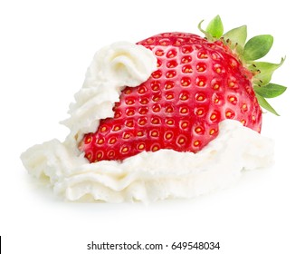 Strawberry With Whipped Cream Isolated On A White Background