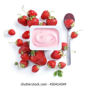 Strawberry Yogurt With Berries. Top View, High Resolution Product.