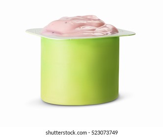 Strawberry Yogurt In Green Plastic Cup On White Background.