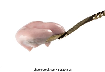 Strawberry Yogurt On A Spoon Isolated Over White